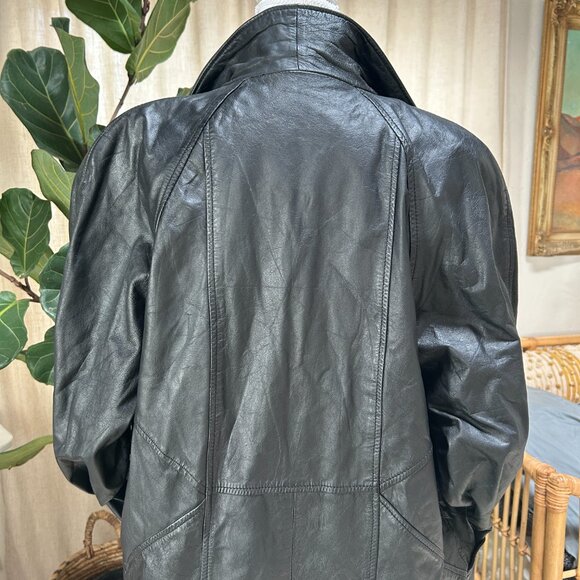 Vintage 90s Matrix Grunge Trench Coat Genuine Leather Black Oversized Women's M - Picture 9 of 16